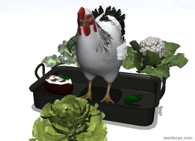 Input text: a part.a bird is -6 inches above the part.a pepper is right of the bird.a potato is left of the bird.a broccoli is behind the part.the broccoli is -1 feet left of the part.a cauliflower is behind the part.the cauliflower is -1 feet right of the part.a lettuce is in front of the part.the ground is white.the sun's altitude is 90 degrees.