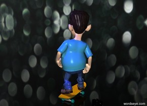 The boy is on the skateboard. The skateboard is bright orange.He is facing northwest. The camera is black. The blue light is in front and above the boy. The sky is [dark]. The ground is transparent.
