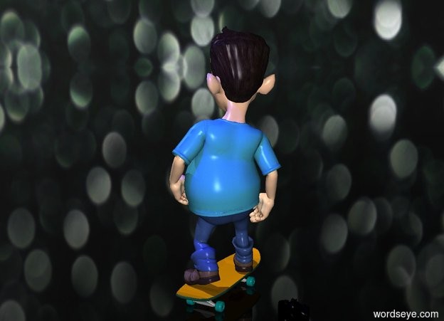 Input text: The boy is on the skateboard. The skateboard is bright orange.He is facing northwest. The camera is black. The blue light is in front and above the boy. The sky is [dark]. The ground is transparent.