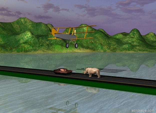 Input text: Tank is on the road.
The airplane is ten feet above the tank.
the rhino is five feet in front of the tank.
the road is 500 feet long.
the tank is red-orange.
the tank is flowery.
the rhino faces the tank.
the airplane is grey.
the plane faces the right.
.
