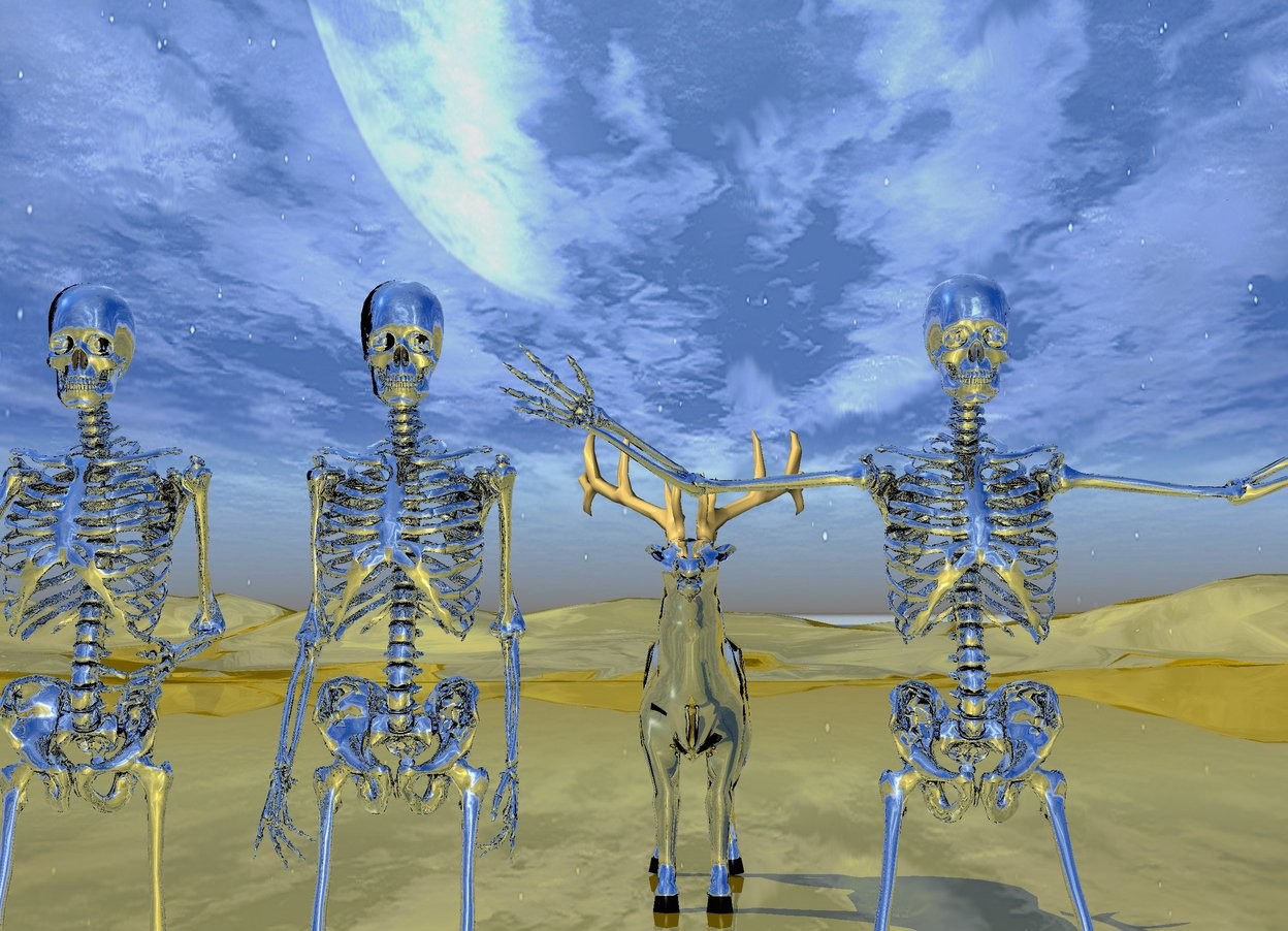 Input text: There are 3 silver skeletons. The ground is golden. There is a silver deer 10 feet behind the skeletons.