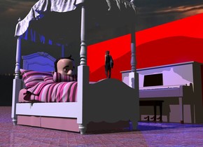 the bed is on the ground. the man is 3.2 feet in the bed. the red wall is 7 feet to the right of the bed. it is facing left. the tan piano is to the left of the wall. it is facing left. the ground is tile. the sky is [sky]. the blue light is above and to the left of the piano. the mauve light is above and 5 feet to the left of the bed. the tiny woman is -1.7 foot above and 2.2 feet in front of the man. she is facing the man. the camera light is black.