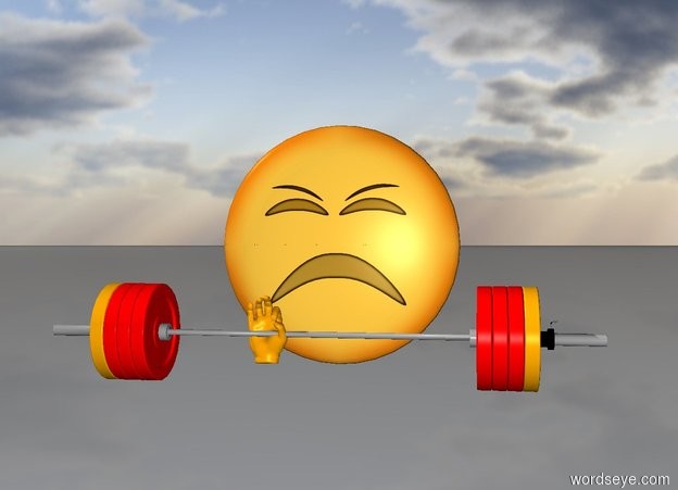 Input text:  a barbell is 1 feet above the ground. a emoji is 0.5 feet behind the barbell. a orange hand is -0.5 feet to the front of and -1.8 feet to the left of and -0.58 feet above the barbell