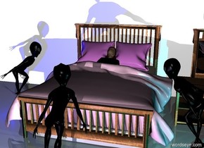 a bed.a woman is -53 inches above the bed.the woman is facing up.the woman is leaning 25 degrees to the south.the bed's blanket is lilac.the bed's pillow is violet.a 80 feet long wall is behind the bed.the wall is 40 feet tall.a dresser is right of the bed.a first alien is left of the bed.the first alien is facing the dresser.a second alien is in front of the dresser.the second alien is facing the bed.the second alien is -10 inches right of the bed.the third alien is in front of the bed.the third alien is facing the bed.a white light is 5 feet in front of the third alien.it is night.a blue light is in front of the first alien.a cyan light is in front of the second alien.a mauve light is in front of the third alien.