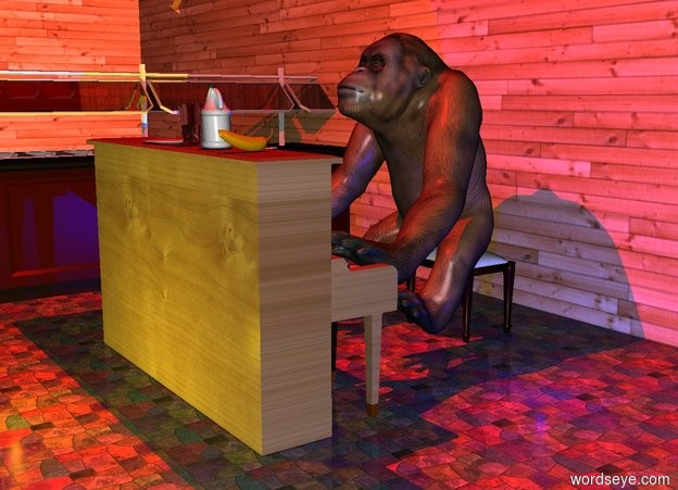 Input text: a primate.the primate is facing up.the primate is leaning 50 degrees to the south.a piano is -13 inches in front of the primate.the piano is facing the primate.a stool is -28 inches behind the primate.a glass is on the piano.a plate is 2 inches left of the glass.a bottle is 6 inches right of the glass.a banana is 8 inches right of the bottle.a 50 feet long first wall is 2 feet behind the stool.the wall is 30 feet tall.a second thirty feet tall wall is left of the first wall.the second wall is facing right.the first wall is wood.the second wall is wood.it is night.a yellow light is 2 feet in front of the piano.a blue light is 1 feet right of the primate.a red light is 5 feet above the piano.a buffet is 4 feet left of the piano.the buffet is facing right.the buffet is 6 feet tall.the piano is wood.the ground is tile.
