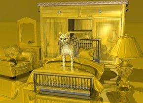 a 50 inch tall bed.the blanket of the bed is gold.behind the bed is 100 inch tall gold buffet.left of the buffet is a 40 inch tall gold armchair. the armchair is facing right.the armchair is in front of the buffet. behind the armchair is a 80 inch tall gold dresser.right of the bed is 60 inch tall gold lamp.the lampshade of the lamp is gold.the pillow of the bed is gold.the bed is gold.the ground is gold.the sky is gold.the countertop of the buffet is old gold wood.on the bed is a  40 inch tall  gold cat.