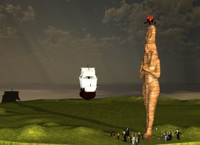 huge campfire is on the gigantic wood statue. statue is on the grass. 7 people are left of the statue. 7 people are 10 feet right of the statue. 6 people are 3 feet right of the statue.
5 people are behind the statue. 10 people are 4 feet in front of the statue. 
8 people are 20 feet in front of the statue. 
the big sailing ship is 280 feet left of and 150 feet behind the statue. it is facing the statue.
it is dawn.
