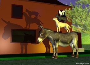 the ground is grass.


the donkey is right of the house.
the dog on the  donkey.
the cat on the dog.
the chicken on the cat.
The dim blue light is two feet above the chicken.
the tall grass on the ground.
the grass is right of the donkey.
the tree is behind the donkey.
the donkey is hitting yellow light .