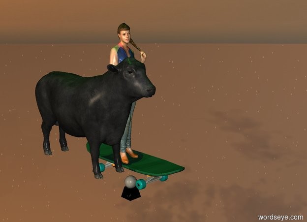 Input text: a small woman stands on skateboard. skateboard stands on little ball. the ground is invisible. the small bull is next to woman. a huge green light is above the woman. it is sunset. the sky