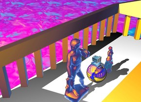 There is a clear computer on a huge gold sphere. 

The sphere is inside a small greek temple. 

There is a statue 50 centimeters on the left of the sphere.

There is a statue 50 centimeters on the right of the sphere.

ground is [texture]. [texture] is 30 feet long.