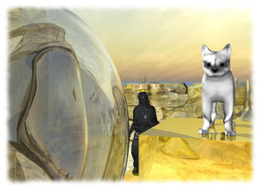 there is a golden pyramid on top of a white cat. A white bird is on top of the pyramid.
The white cat is on top of a large golden cube.
The golden cube is inside a 10 foot wide golden cylinder.
The cylinder is 60 feet above the ground. 
There is a 55 foot tall woman under the cylinder. there is a 20 foot wide golden cube under the woman. The ground is gold. 
the sky is reflective. 

The 30 foot tall white cat is on top of a 50 foot wide gold cube.
There is a 90 foot tall and 60 foot wide transparent sphere 60 feet in front of the woman.
There is a purple light in front of the sphere.