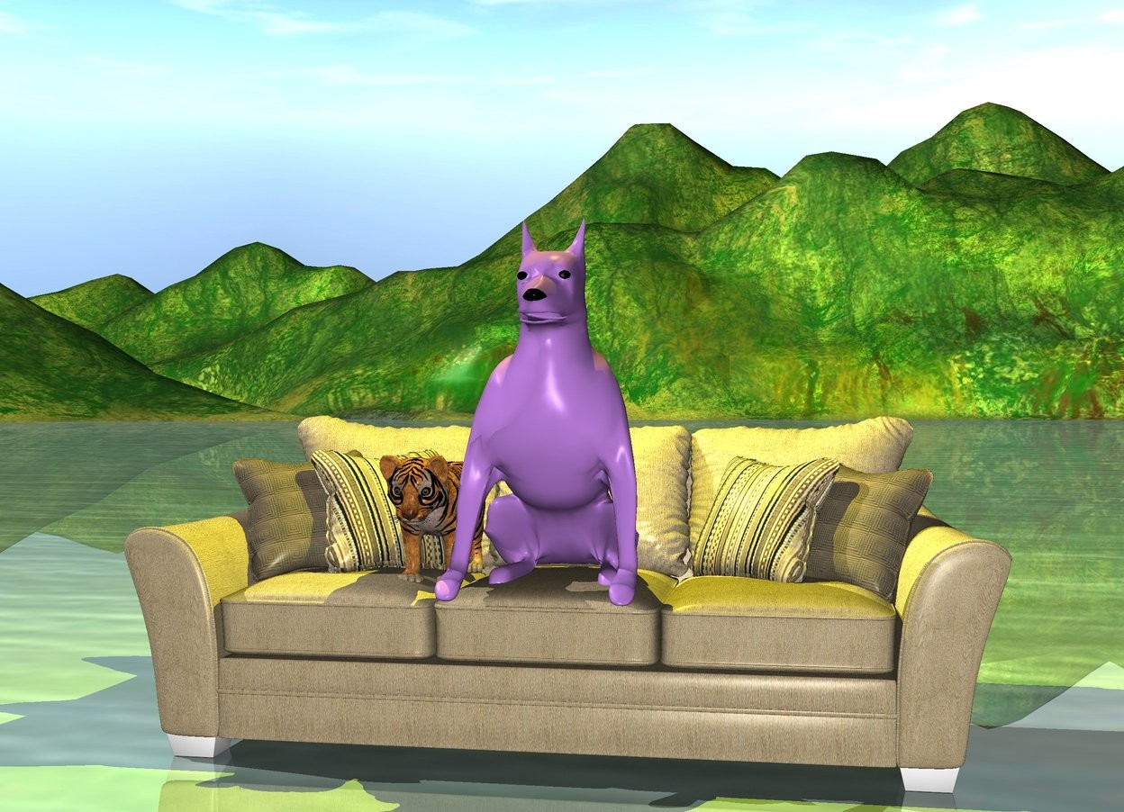 Input text: the lavender dog is on the couch. The yellow light is three inches above the dog. There is a tiger next to the dog