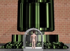 A man fit in a cage. A huge computer is in front of the cage. the computer is facing the cage. the monitor of the computer is [texture].  there is a large wall in front of the computer.