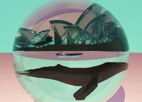the sky is turquoise. the sun is orange. the ambient light is violet. a clear 220 feet tall sphere is 30 feet above the ground. a clear sydney opera house 100 feet inside the sphere. a big white clear boat below the sydney opera house. the boat is 130 feet above the ground. the boat is leaning 10 degrees to the right. a huge clear whale 20 feet below the sydney opera house. the boat is -130 feet to the left of the sydney opera house