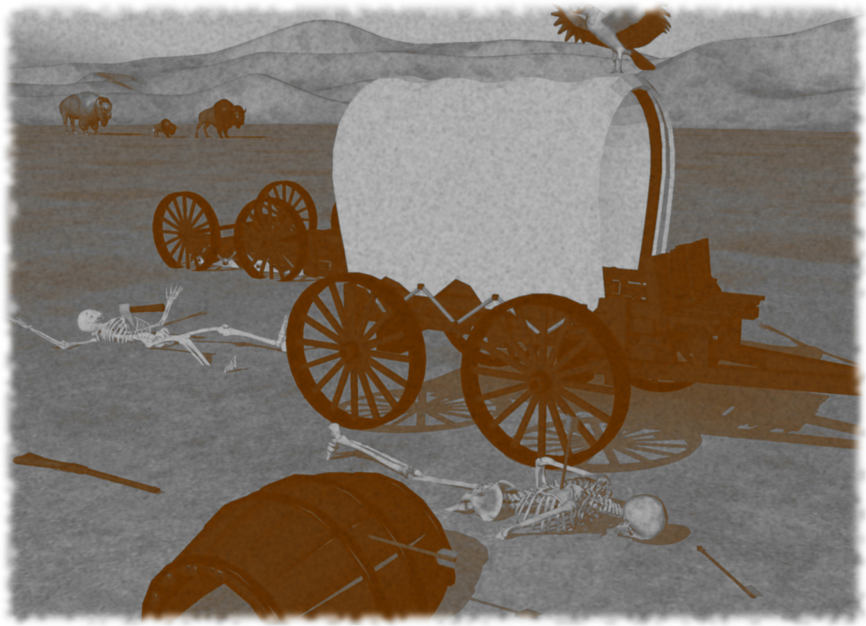 Input text: the ground is unreflective grass. a covered wagon. a barrel is 4 feet from the covered wagon. the barrel is 1 foot in the ground. the barrel is leaning 90 degrees to the left. an upside down vehicle is 5 feet to the northeast of the covered wagon. the vehicle is 3.6 feet in the ground. a skeleton is 3 feet behind the covered wagon. the skeleton is leaning 90 degrees to the north. the skeleton is .5 foot in the ground. an artifact is 1 foot to the west of the covered wagon. the artifact is leaning 80 degrees to the south. the artifact is 1.7 feet in the ground. a gun is 1 foot northwest of the artifact. the gun is leaning 90 degrees to the west. a small arrow is -11 inch south of the barrel. the arrow is facing north. another small arrow is -21 inch south of the artifact. the small arrow is .2 foot above the ground. the small arrow is leaning 98 degrees to the south. another small arrow is 1 inch south of the artifact. the small arrow is 1 inch in the ground. the small arrow is facing northeast. an ax is -3 foot north of the skeleton. the ax is facing north. the ax is leaning 99 degrees to the south. the ax is 2 inches off the ground. a vulture is -1.3 inch above the covered wagon. the vulture is facing northwest. a buffalo is 80 feet northeast of the vehicle. a small buffalo is 1 foot northwest of the buffalo. a bison is 8 feet north of the small buffalo.