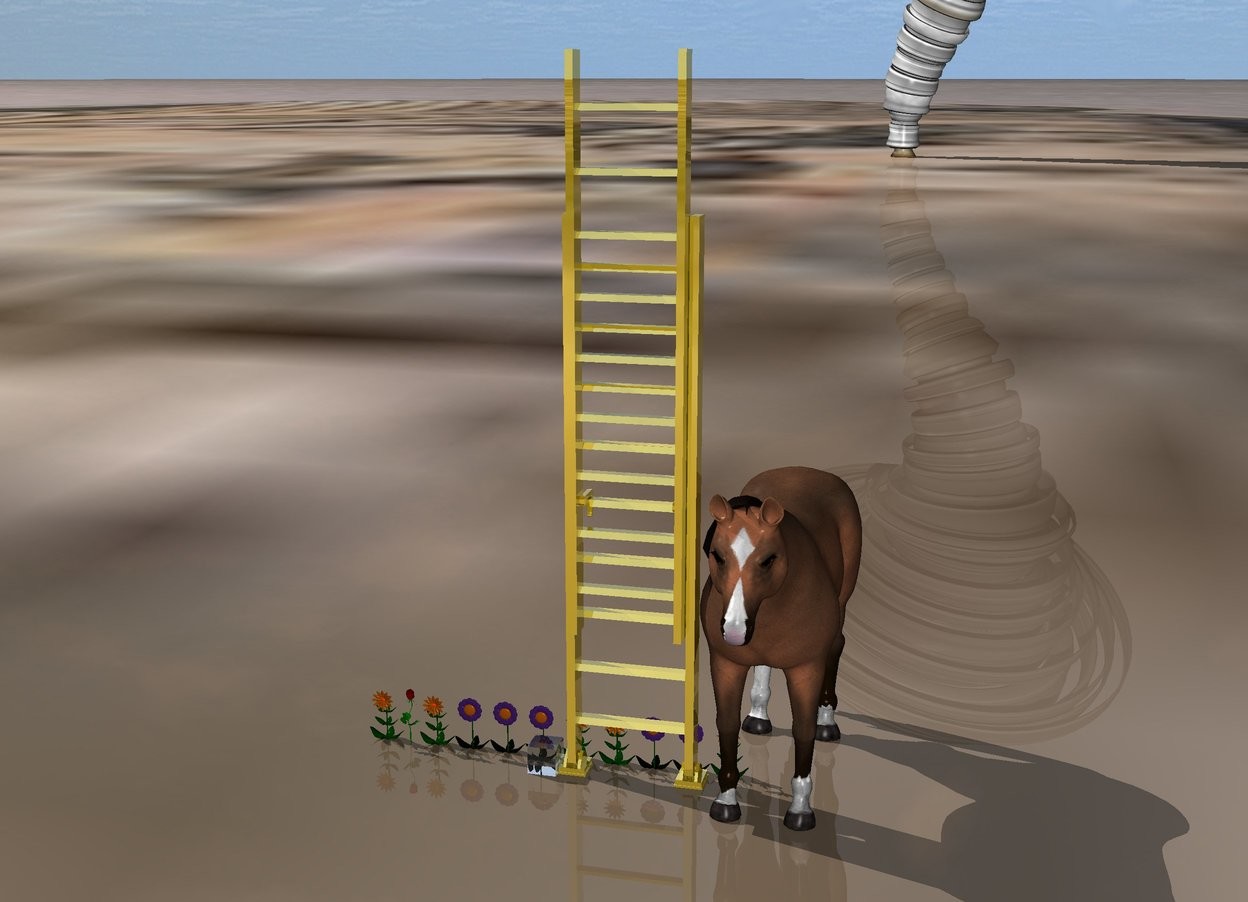Input text: the ground is desert. a small glass cube is on the ground. a metal ladder is to the right of the cube. a horse is to the right of the ladder. 11 flowers are behind the cube. a storm is far behind the ladder.