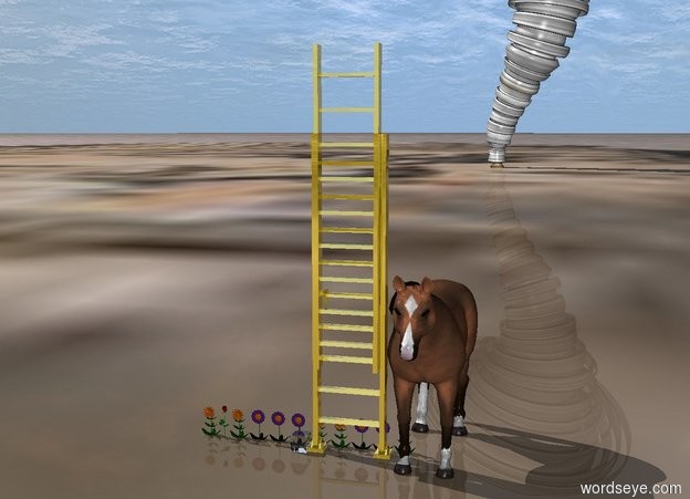 Input text: the ground is desert. a small glass cube is on the ground. a metal ladder is to the right of the cube. a horse is to the right of the ladder. 11 flowers are behind the cube. a storm is far behind the ladder.