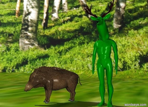 Input text: a green man.a 3 feet tall green head is -16 inches above the man.the head is -8 inches in front of the man.[forest] sky.[lawn] ground.a pig is 1 feet left of the man.the pig is facing southwest.