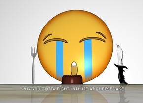 Emoji is behind a small cake. a fork is on the left of the emoji. the fork is facing down. a knife is on the right of the emoji. ground is marble. there is a wall behind the emoji.