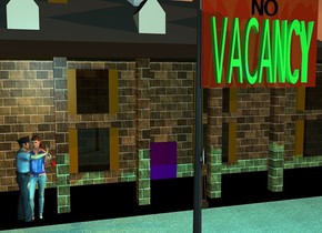 a 10 feet tall rust pole faces right. a 2 feet tall and 3.5 feet wide lime green "VACANCY" is -0.001 feet in front of the pole. the "VACANCY"is 6.4 feet above the ground. a 6 inch tall black "NO" is 1 inch above the "VACANCY". a 15 feet tall [brick] mount vernon is 6 feet behind the pole. the window of the mount vernon is beige. the ground is unreflective [pavement].  a 4 feet tall woman is -1.2 feet to the front of and -9 feet to the left of the mount vernon. a 4 feet tall man is -1.1 feet to the left of the woman.. he faces the woman. the shirt of the man is denim. a small pump shoe is -0.15 feet to the right of and -1.4 feet above the woman.  it is -0.5 feet to the front of the woman. it leans 23 degrees to the southeast. it is dawn. the sun is coral. 1 aqua light is 6 inches in front of the "VACANCY". the camera light is sky blue. 2 dim orange lights are 2 inches above the woman.