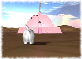 The sky is weird.
The tiny Temple is on the ground.
The temple is pink.
The Woman is above the temple.
The purple light is above woman.
The small UFO is 3 foot above the woman.
The UFO is silver.
The Purple Light is under the UFO.
The Large Rabbit is 40 feet in front of the temple.
the Rabbit is facing the temple.
