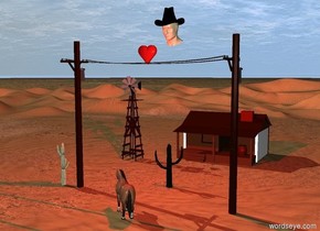 a phone line.a 5 feet tall tan head is 2 feet behind the phone line.the head is 25 feet above the ground.the head is leaning 20 degrees to the south.a 3.8 feet tall hat is -45 inches above the head.the hat is leaning 20 degrees to the south.a  3 feet tall heart is -50 inches above the phone line.the hat is black.the hat is -85 inches behind the head.a horse is in front of the phone line.the horse is facing northwest.a first cactus is 10 feet behind the horse.a red light is in front of the head.a second cactus is 2 feet left of the phone line.a windmill is 20 feet behind the second cactus.a cabin is 20 feet behind the first cactus.
