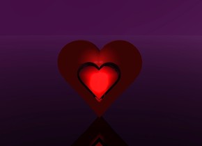 1st enormous transparent red heart is 9 feet above the ground.. 5 pink lights are 4 inches behind the heart and 17 feet above the ground. the camera light is black. the sun is invisible. the sky is purple. the ground is clear. 2nd very enormous heart is 7 inches behind the 5 lights and on the ground. 3 dim plum lights are 2 inches above the 1st heart