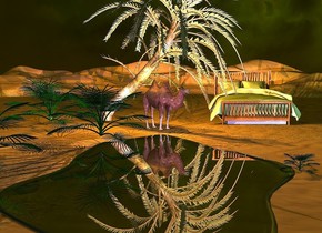 a camel is behind a 25 feet wide clear lake. it faces southeast. a date palm tree is -0.1 feet behind the lake. a  large bed is 3 feet to the right of and 1 feet behind the camel. it face 200 degrees to the south. the pillow of the bed is sage green. the blanket of the bed is sage green. 1st dwarf palm is -0.4 feet to the northwest of the lake. 2nd 8 feet tall dwarf palm is 1 feet to the front and -3.3 feet to the right of the 1st dwarf palm. 3rd dwarf palm is -3 feet southwest of the 2nd dwarf palm. 4th tiny dwarf palm is -1.5 feet right of the lake. it is midnight. the camera light is black. the sun's light is sky blue. the ambient light is olive. the sun's azimuth is 216 degrees. the sun's altitude is 86 degrees. 2 orange lights are 4 inches above the camel. 4 dim  blue lights are 5 feet above the lake. 1 violet light is 6 inches in front of the camel. 1 pink light is 3 inches above the 2nd dwarf palm