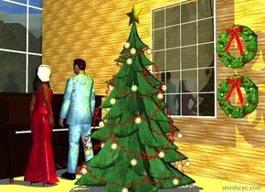 a christmas tree.a 20 feet tall wall is 2 feet behind the christmas tree.the wall is 30 feet long.a piano is 2 feet left of the tree.the piano is facing the tree.a man is right of the piano.the man is facing the piano.a woman is 6 inches in front of the man.the woman is facing the man.a first window is 1.10 feet behind the tree.the first window is 3 feet above the ground.a snow picture is behind the first window.the ground is snow.a first wreath is right of the first window.a 20 feet tall second window is left of the wall.the window is facing right.a yellow light is above the tree.a second wreath is 3 inches above the first wreath.the wall is paper.the woman is texture.the man is texture.the woman's hair is yellow.