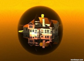 a 60 feet tall clear gold sphere is -27 feet above the ground. a house is -35 feet to the front of the sphere and on the ground. 12 gold lights are 1 feet above the house. 6 coral lights are 1 feet in front of the house. 8 orange lights are -2 feet above the sphere. 10 coral lights are 2 feet behind the house. the ground is clear. the sun is coral. the camera light is orange.the sky is fire. it is noon