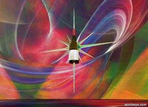 the sky is [space]. the ground is [space]. a gigantic wine bottle is 100 feet off the ground. a 50 foot tall [sun] north star is -36 feet above the wine bottle. a huge red light is north of the wine bottle. a huge blue light is south of the wine bottle. a huge bright yellow light is west of the wine bottle. a huge green light is east of the wine bottle. it is dusk. 