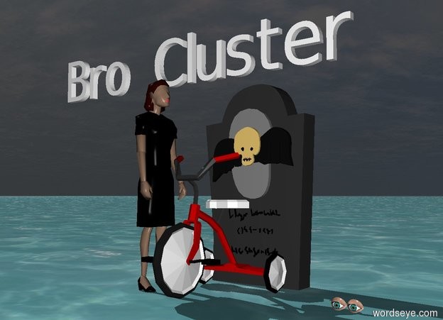 Input text: There is a tricycle. Behind the tricycle is a tombstone. The sky is dark. The grass is green. There is a  small woman to the left of the tricycle. The woman is facing the tricycle. There is water under the woman's eyes. Small "Bro Cluster" above and behind woman.