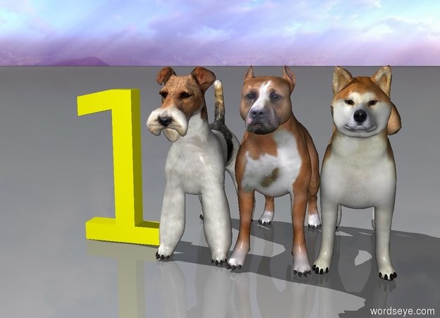 Input text: Three dogs. One is yellow.