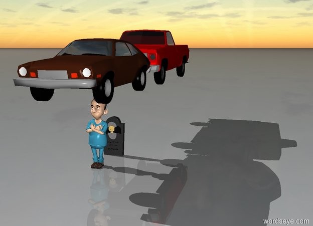 Input text: the car is on the boy.
 the truck is behind the car. the tombstone is two feet
behind the boy
