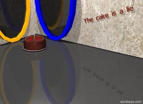 There is a cake on top of a plate. There is a small candle one inch in the cake. A small cherry is two inches to the left of the candle. A small cherry is two inches in front of the candle. The cherry is facing right. A small cherry is two inches behind the candle. The cherry is facing left. A small cherry is two inches to the right of the candle. The cherry is facing backward. There is a [concrete] wall one foot behind the cake. There is very tiny mahogany "The cake is a lie" in front of the wall. It is leaning 20 degrees to the right. It is one foot to the right of the cake.. It is one foot above the ground. There is a blue portal in front of the wall. There is another [concrete] wall one foot to the left of the cake. The wall is facing the cake. There is an orange portal ten inches to the left of the cake. The portal is facing right. The ground is dark. The sky is white. There is a white light four feet above the cake.