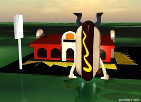 a man.a  huge hotdog is 55 inch in the man..behind the man is a tiny  restaurant.the restaurant is on the ground..the ground is [street].the hotdog is leaning  90 degrees   to right.the hotdog is in front of the man.the hotdog is facing southeast.ambient light is gray.camera light is white.in front of the restaurant are two white lights.the bun of the hotdog is tan.the man is upside down.