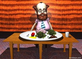 a table.the table is facing right.a huge plate is on the table.a pink brain is on the plate.the brain is upside down.a cup is 3 inches right of the plate.a first tomato is 1 inches left of the brain.a first lettuce is right of the brain.a second lettuce is 2 inches in front of the brain..a second tomato is 1 inches in front of the first tomato.a large radish is 1 inches right of the second lettuce.a bread roll is right of the radish.a tiny yellow puddle is in front of the second tomato.a chair is 6 inches behind the table.a man is on the chair.the man is 4 feet tall.a fork is 3 inches left of the first tomato.the fork is facing north.a 30 feet long wall is 6 inches behind the man.it is night.a white light is 5 feet above the table.the ground is tile.the wall is wood.