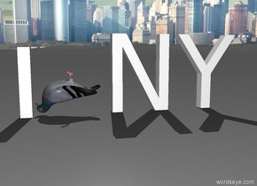 the pigeon is upside down. it is leaning back. it is -3 inches above the ground. the white "I" is in front of the pigeon. the white "NY" is behind the pigeon. it is facing right.it is on the ground. the city background.