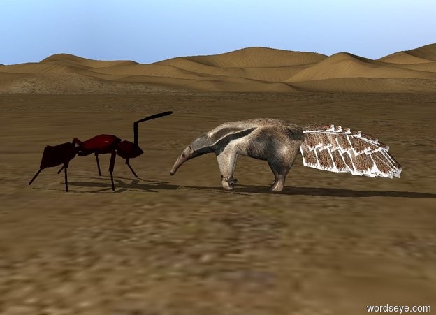 Input text: anteater is facing an ant. the ant is two feet tall. the ant is facing the anteater