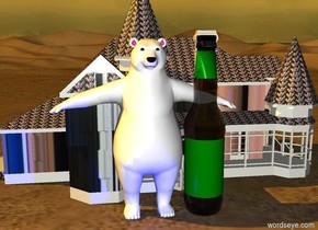 a bear.a  beer bottle is -30 inch right of the bear..the beer bottle is 90 inch tall. behind the bear is a small [beer] house.the label of the beer bottle is green.sun is  orange.in front of the bear is a  blue light.