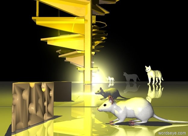 Input text: a cheese.a mouse is 3 inches right of the cheese.the mouse is facing the cheese.a 80 feet tall first silver wall is 8 inches behind the mouse.the wall is 80 feet long.a gold staircase is 8 feet in front of the cheese.shiny ground.a white cat is right of the staircase.the cat is facing northwest.the sun's azimuth is 380 degrees.a yellow light is above the cheese.a 80 feet tall second silver wall is 1 feet in front of the staircase.the second wall is 80 feet long.