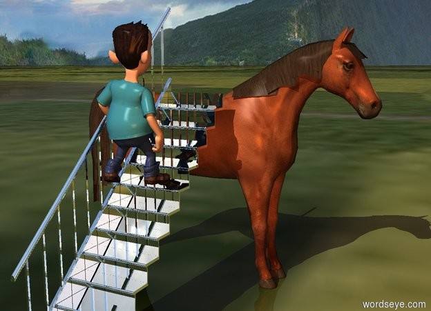Input text: a horse.a  small silver stair is left of the horse.the stair is facing left.the stair is 80 inch tall.a  man is -43 inch above the stair.the man is facing the horse.the man is 37 inch tall.the ground is grass.camera light is old gold.