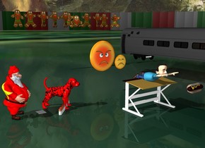 the boy is on the desk. a stack of papers is under the boy. the giant red dog is facing the boy. the large hot dog is 2 feet in front of the boy. the background is italy. it is dark. 10 feet right of the boy is a coach. there is a huge food on top of the coach. the food is 3 feet left of the coach. the food is 10 feet behind the coach. there are 10 huge gingerbread men in front of the food. there is a chinese man facing the hot dog. the chinese man is facing the hot dog. the sky is hell. there are 10 large cigarettes in front of the dog. the big angry woman is 6 feet behind the boy. there is a sad man to the right of the big angry woman. the ground is a star