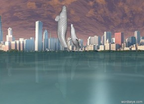 Background is city. The 1st whale is very enormous. The whale is light grey. The whale is glass. The whale is leaning 90 degrees to the back. 2nd whale is  50 feet to the left of the 1st whale. 2nd whale is very huge. The whale is leaning 42 degrees to the back. The whale is 100 feet in the ground. The whale is white. The whale is glass. The 2nd whale is facing right. The ground is water.