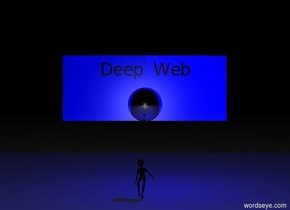 It is night.

The giant reflective sphere is eight feet above the ground.

The sphere is black.

The reflective wall is behind the sphere.

The wall is blue.

The blue light is to the right of the sphere.

The person is on the ground.

The person is in front of the sphere.

The person is facing the sphere.

"Deep Web" is one foot above the sphere.

"Deep Web" is black.