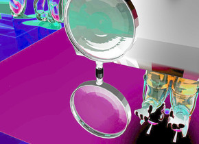 giant toaster. the first tiny transparent clown is -3 inches to the right of the second tiny transparent clown. the second tiny transparent clown is in the giant toaster. the first tiny transparent clown is facing west. the second tiny transparent clown is facing east. there is a black reflective cube 6 inches behind the giant toaster. magnifying glass fits in the cube. second black reflective cube 4 inches behind first black reflective cube. third black reflective cube 4 inches behind second black reflective cube. there is a glass dog in front of the toaster. it is 5 inches to the right of the toaster. the ground is red copper. the sky is pink. there is a peach light on the first tiny transparent clown. there is a pale yellow light on the second tiny transparent clown. there is a baby blue light on the toaster.