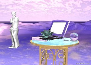 There is a very huge gold table.  There is a 5.6 feet wide water circle on the table. There is a 1 feet wide glass sphere. The ground is sky. It is noon. There is a 3 feet wide silver computer. It is facing southwest. The sphere and computer are on the circle. There is a large turquoise plant on the computer. There is a white statue behind and 3 feet to the left of the table. It is 10 feet above the ground.