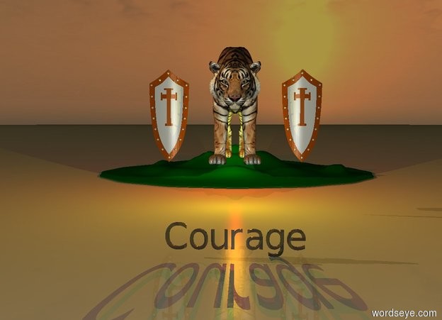 Input text: It is sunset.

"Courage" is thirty feet in front of the hill.

The giant tiger is on top of the hill.

The giant tiger is one foot in front of the hill.

The yellow light is beneath the tiger.

The red light is behind the tiger.

The giant shield is two feet to the right of the tiger.

The second giant shield is two feet to the left of the tiger.

"Courage" is black and shiny.