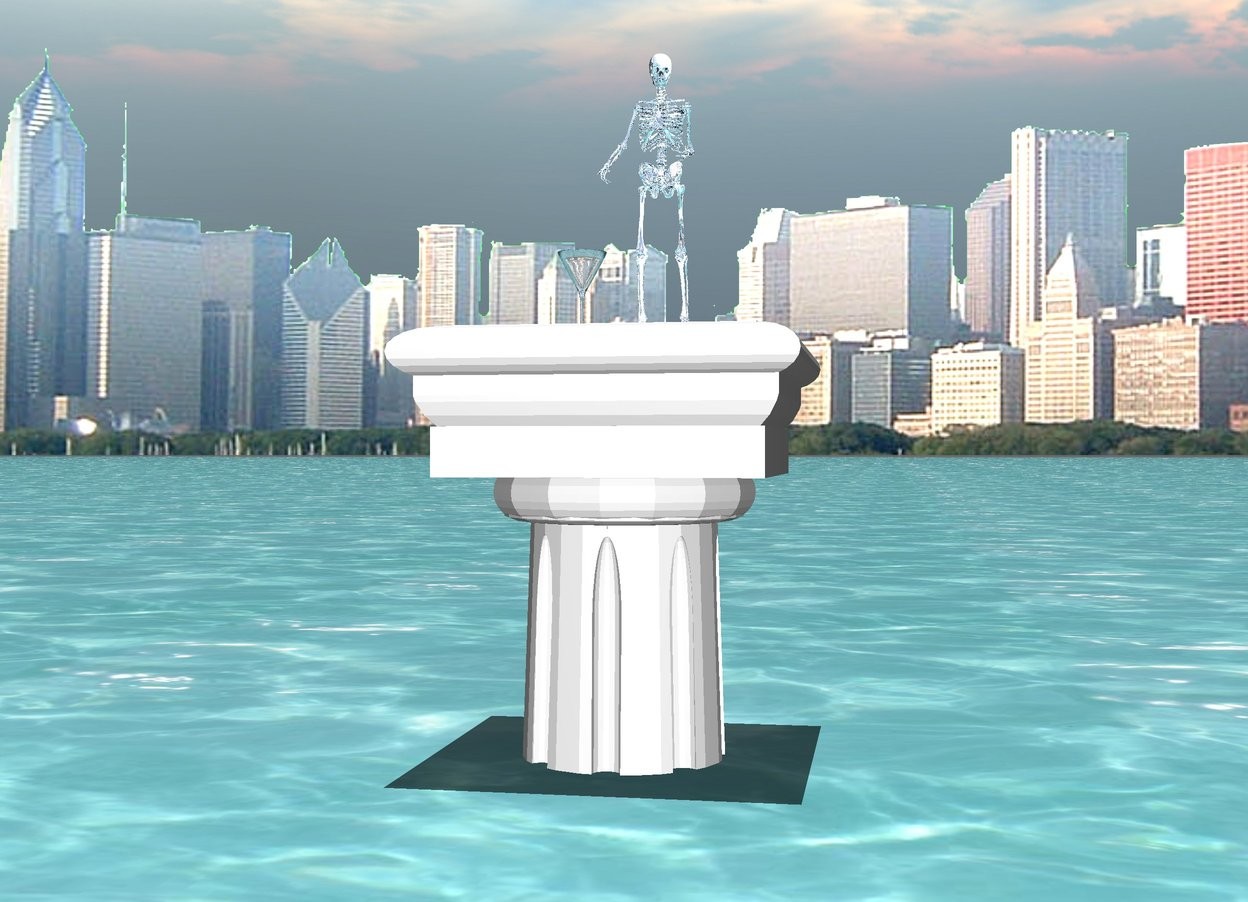 Input text: There is a 2 foot tall skeleton. The skeleton is marble. The skeleton is reflective. It is on a pedestal. The pedestal is in water that is 2 feet tall. It is noon. There is a glass on the pedestal next to the skeleton. There is a city in the background. 