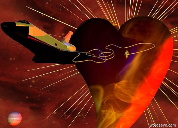 Input text: The sky is 2000 feet wide [nebula]. The ground is silver. A spaceship is 150 feet in front of and -150 feet above a 200 feet wide heart. The heart is 260 feet wide [fire]. The heart is 500 feet above the ground. 8 red lights are below the heart. 2 orange lights are above the heart. A blue light is above the spaceship. An enormous cream rope is -54 feet above and -5 feet to the right of the spaceship. It is facing north. It is leaning 40 degrees to the back. A man is 34 feet to the right of and -49 feet above the spaceship. A large Jupiter is 50 feet behind and -100 feet above and 80 feet left of the spaceship. It is dusk. A 900 feet wide red star is behind and -350 feet above and -650 feet right of the heart. 12 red lights are behind the star. The azimuth of the sun is 2 degrees. The sun is mahogany. Camera light is lemon.